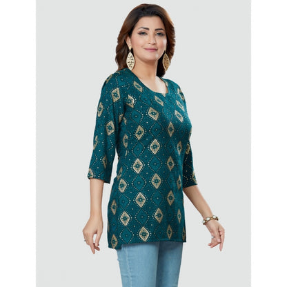 Women's Casual 3/4 Sleeves Printed Rayon Short Top (Green)