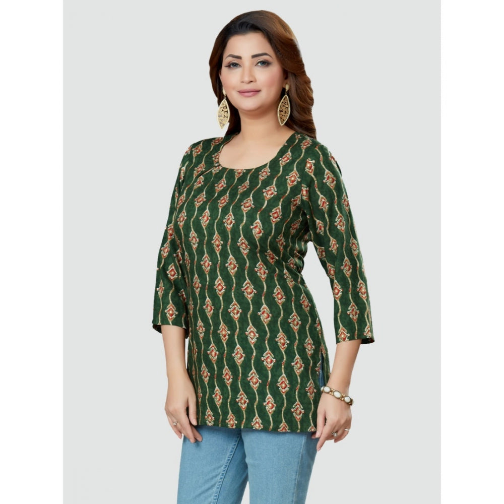 Women's Casual 3/4 Sleeves Printed Rayon Short Top (Green)