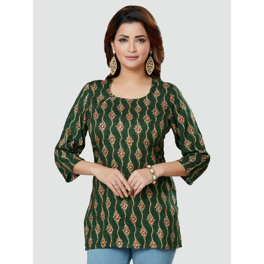 Women's Casual 3/4 Sleeves Printed Rayon Short Top (Green)