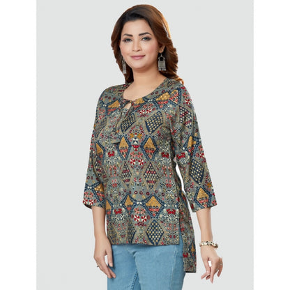 Women's Casual 3/4 Sleeves Printed Rayon Short Top (Multicolor)