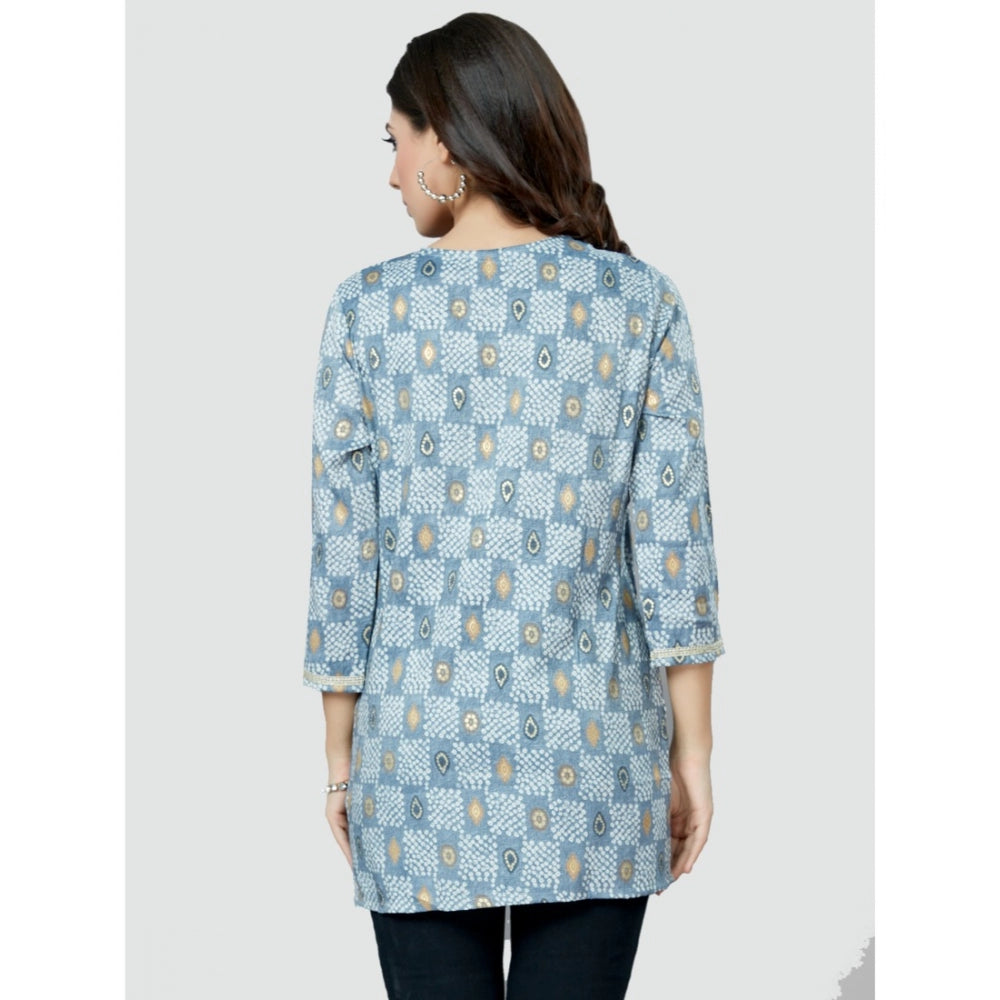 Women's Casual 3/4 Sleeves Printed Rayon Short Top (Blue)