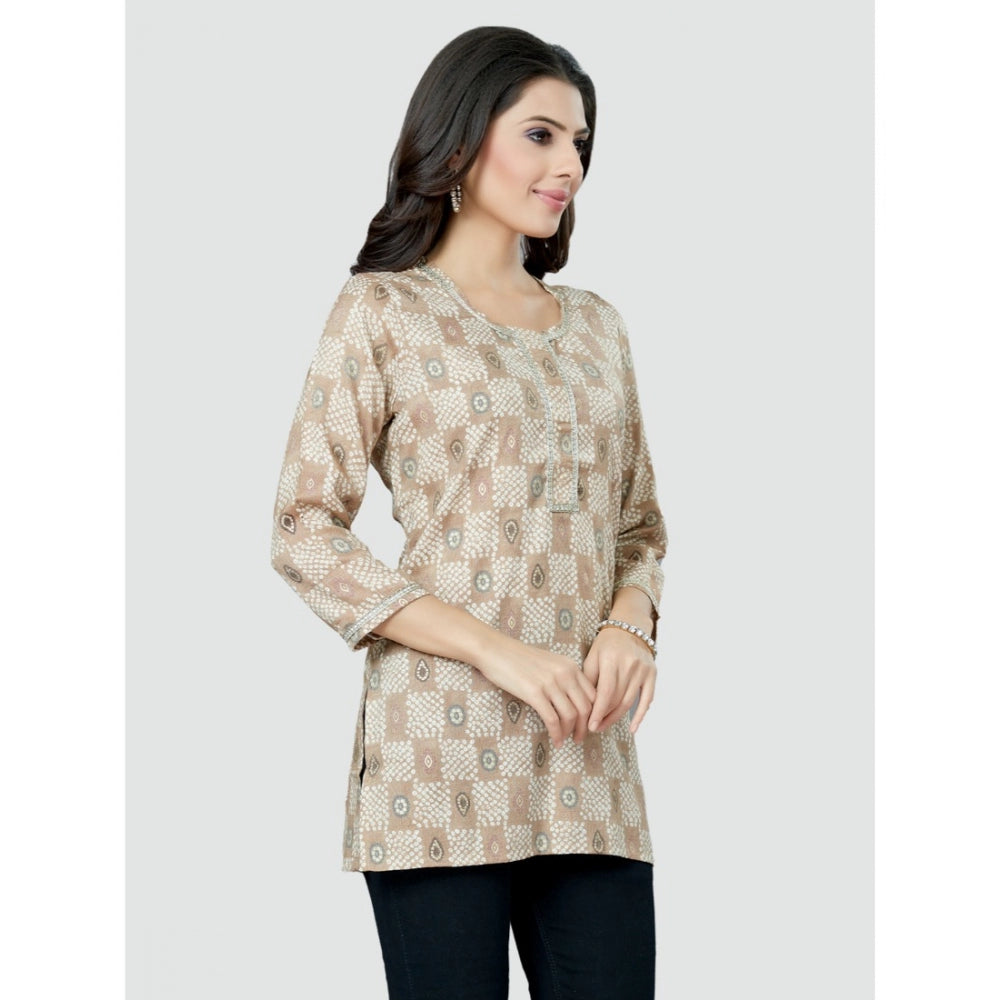 Women's Casual 3/4 Sleeves Printed Rayon Short Top (Beige)