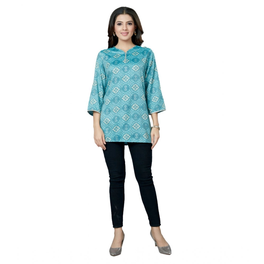 Women's Casual 3/4 Sleeves Printed Rayon Short Top (Blue)