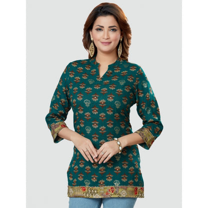 Women's Casual 3/4 Sleeves Printed Rayon Short Top (Green)