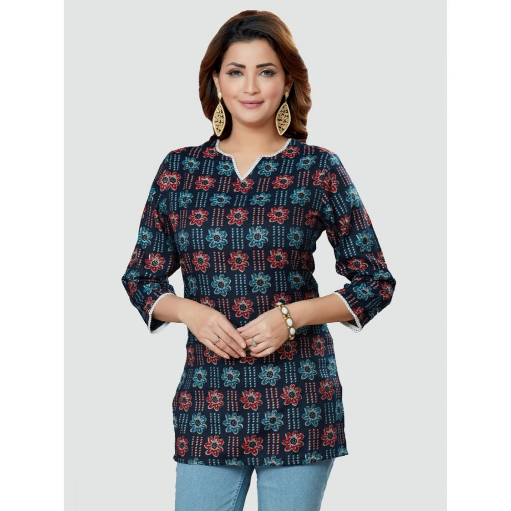 Women's Casual 3/4 Sleeves Printed Rayon Short Top (Navy Blue)