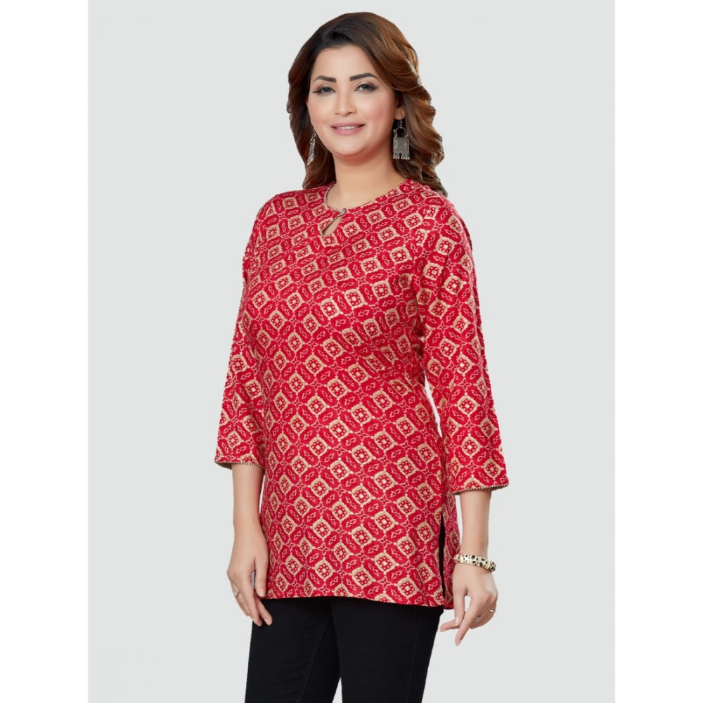 Women's Casual 3/4 Sleeves Printed Rayon Short Top (Red)