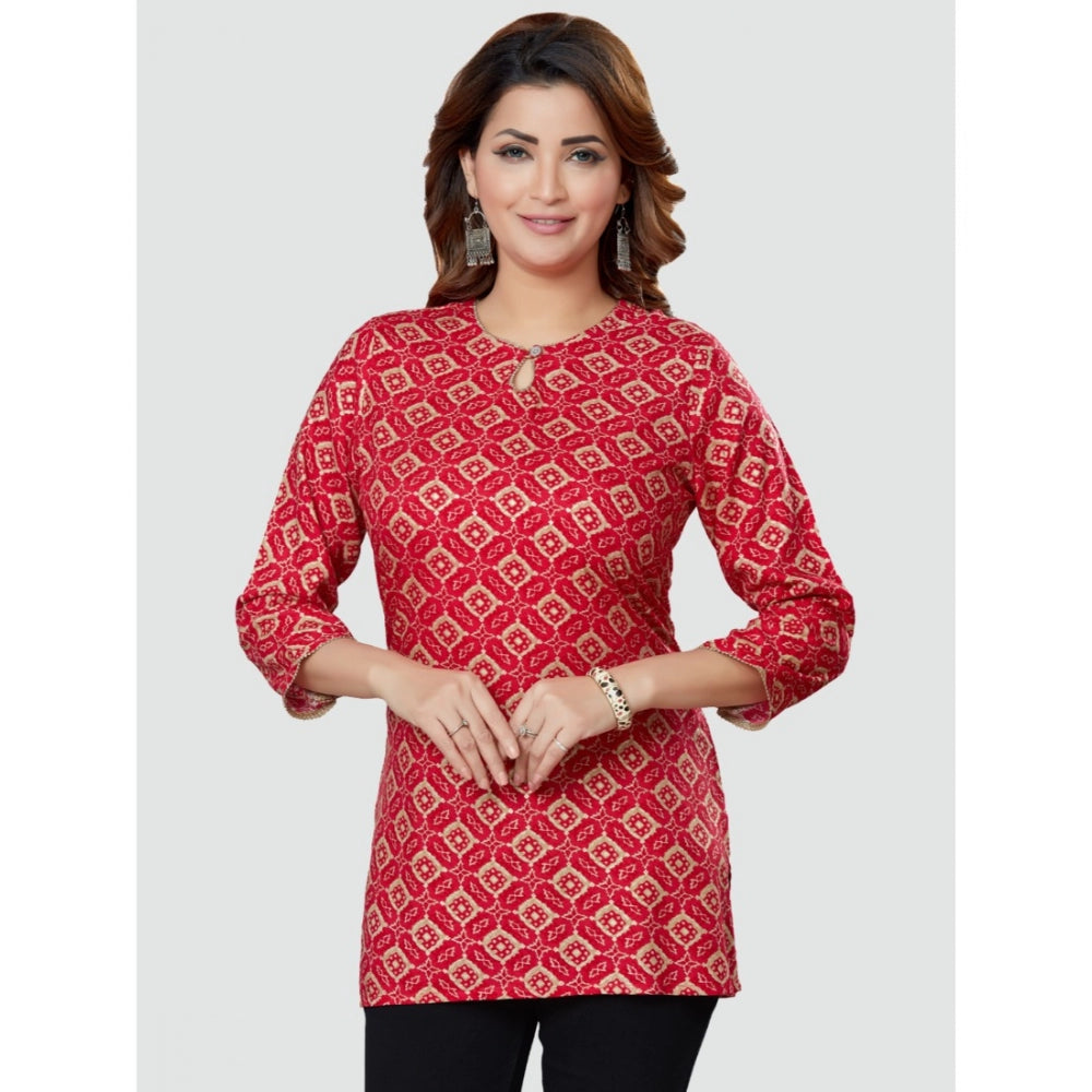 Women's Casual 3/4 Sleeves Printed Rayon Short Top (Red)