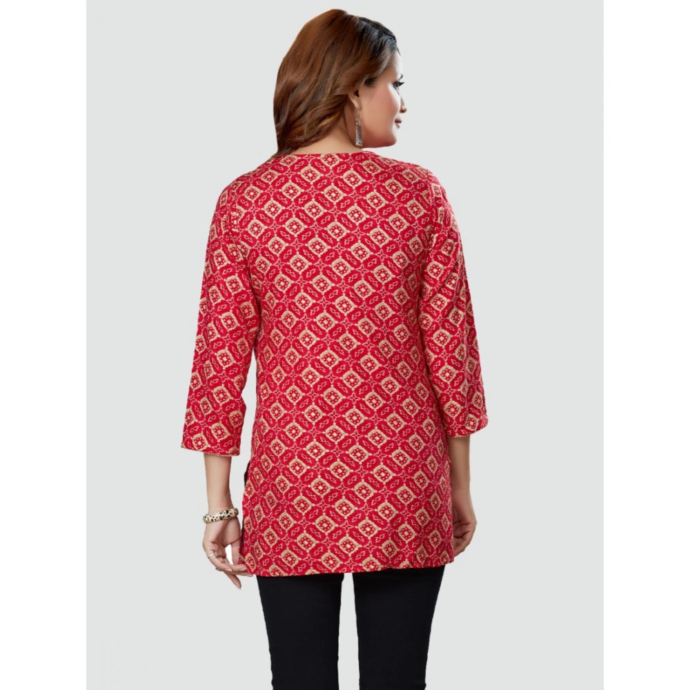 Women's Casual 3/4 Sleeves Printed Rayon Short Top (Red)