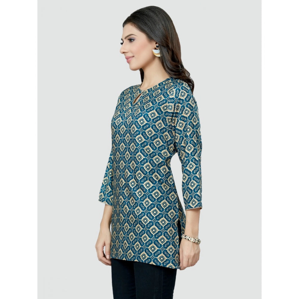 Women's Casual 3/4 Sleeves Printed Rayon Short Top (Blue)