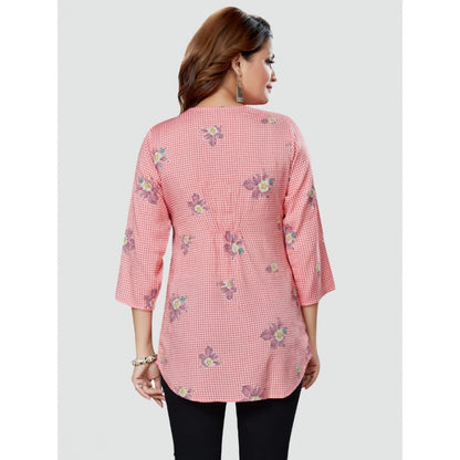 Women's Casual 3/4 Sleeves Printed Rayon Short Top (Pink)