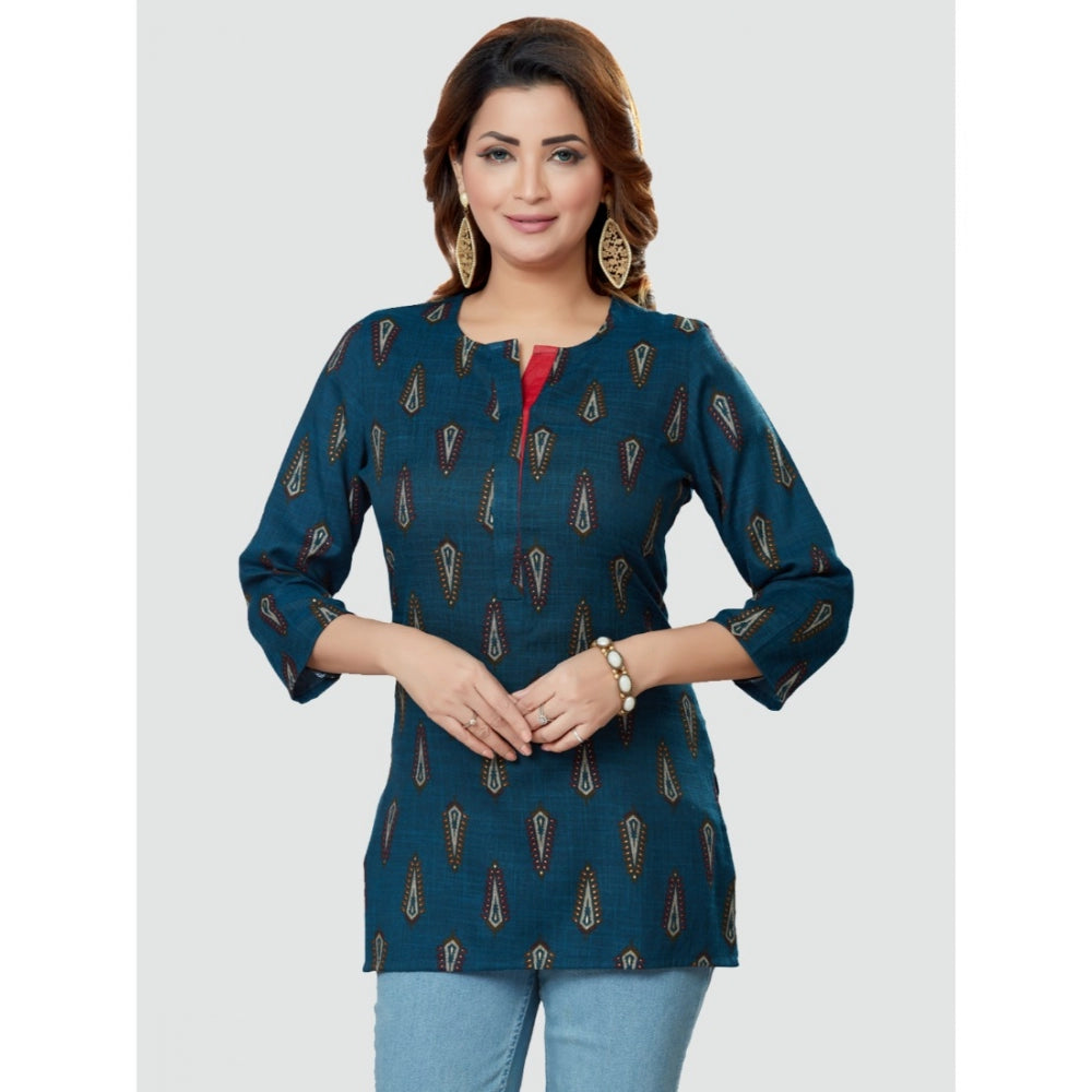 Women's Casual 3/4 Sleeves Printed Rayon Short Top (Blue)