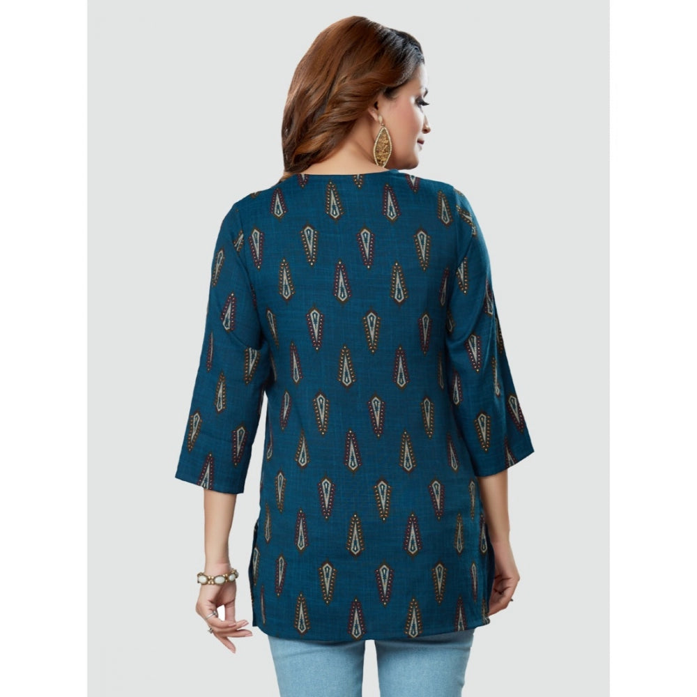 Women's Casual 3/4 Sleeves Printed Rayon Short Top (Blue)