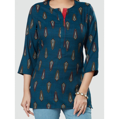 Women's Casual 3/4 Sleeves Printed Rayon Short Top (Blue)