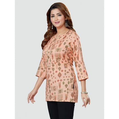 Women's Casual 3/4 Sleeves Printed Rayon Short Top (Peach)