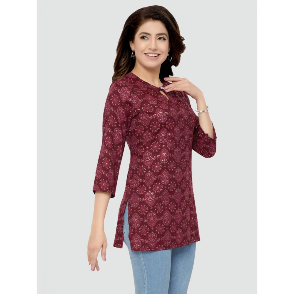 Women's Casual 3/4 Sleeves Printed Rayon Short Top (Maroon)