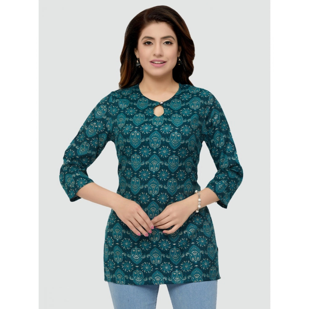 Women's Casual 3/4 Sleeves Printed Rayon Short Top (Green)