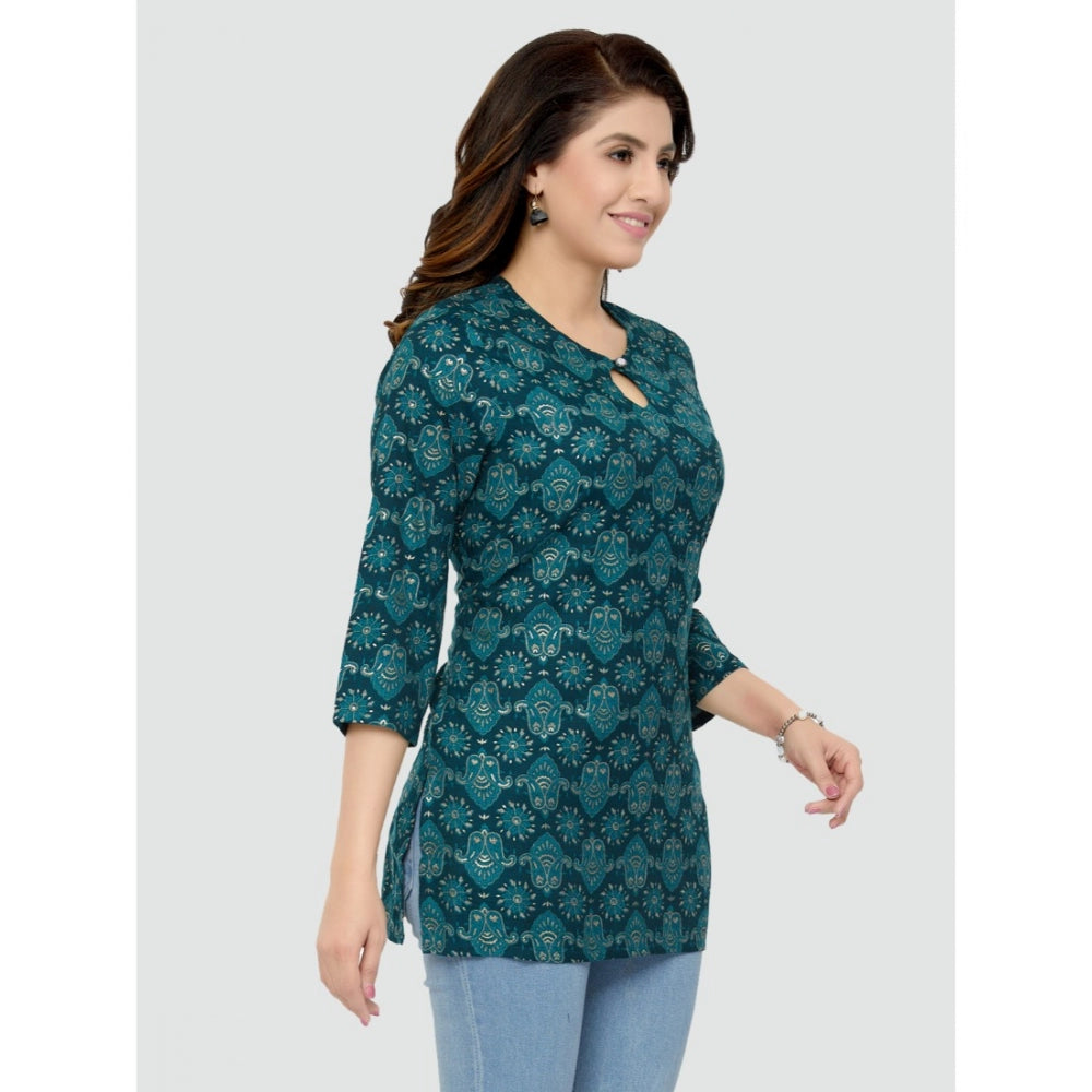 Women's Casual 3/4 Sleeves Printed Rayon Short Top (Green)