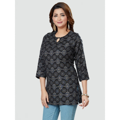 Women's Casual 3/4 Sleeves Printed Rayon Short Top (Black)