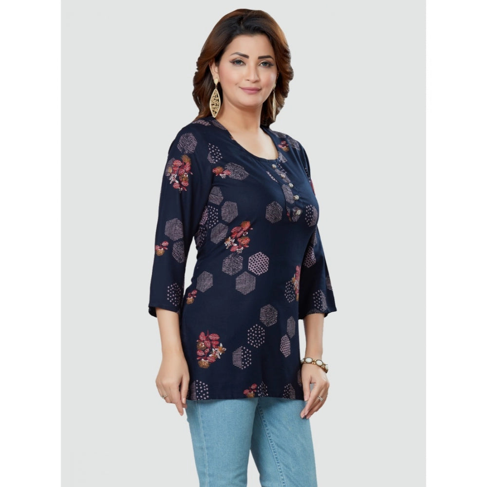 Women's Casual 3/4 Sleeves Printed Rayon Short Top (Navy Blue)