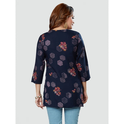 Women's Casual 3/4 Sleeves Printed Rayon Short Top (Navy Blue)