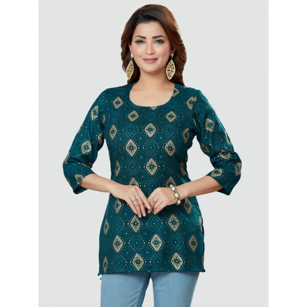 Women's Casual 3/4 Sleeves Printed Rayon Short Top (Green)