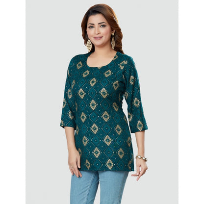 Women's Casual 3/4 Sleeves Printed Rayon Short Top (Green)