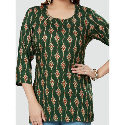 Women's Casual 3/4 Sleeves Printed Rayon Short Top (Green)