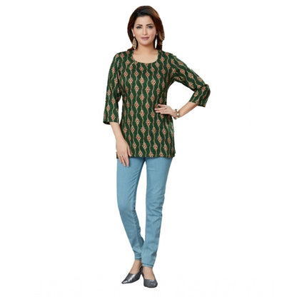 Women's Casual 3/4 Sleeves Printed Rayon Short Top (Green)