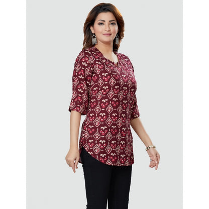 Women's Casual 3/4 Sleeves Printed Rayon Short Top (Wine)