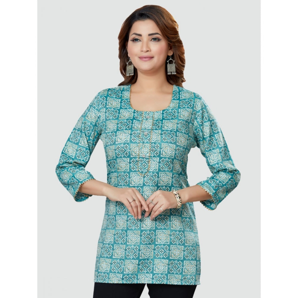 Women's Casual 3/4 Sleeves Printed Rayon Short Top (Blue)