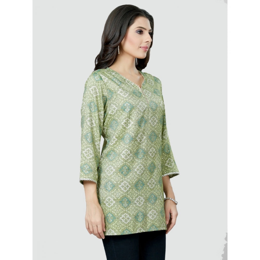 Women's Casual 3/4 Sleeves Printed Rayon Short Top (Green)