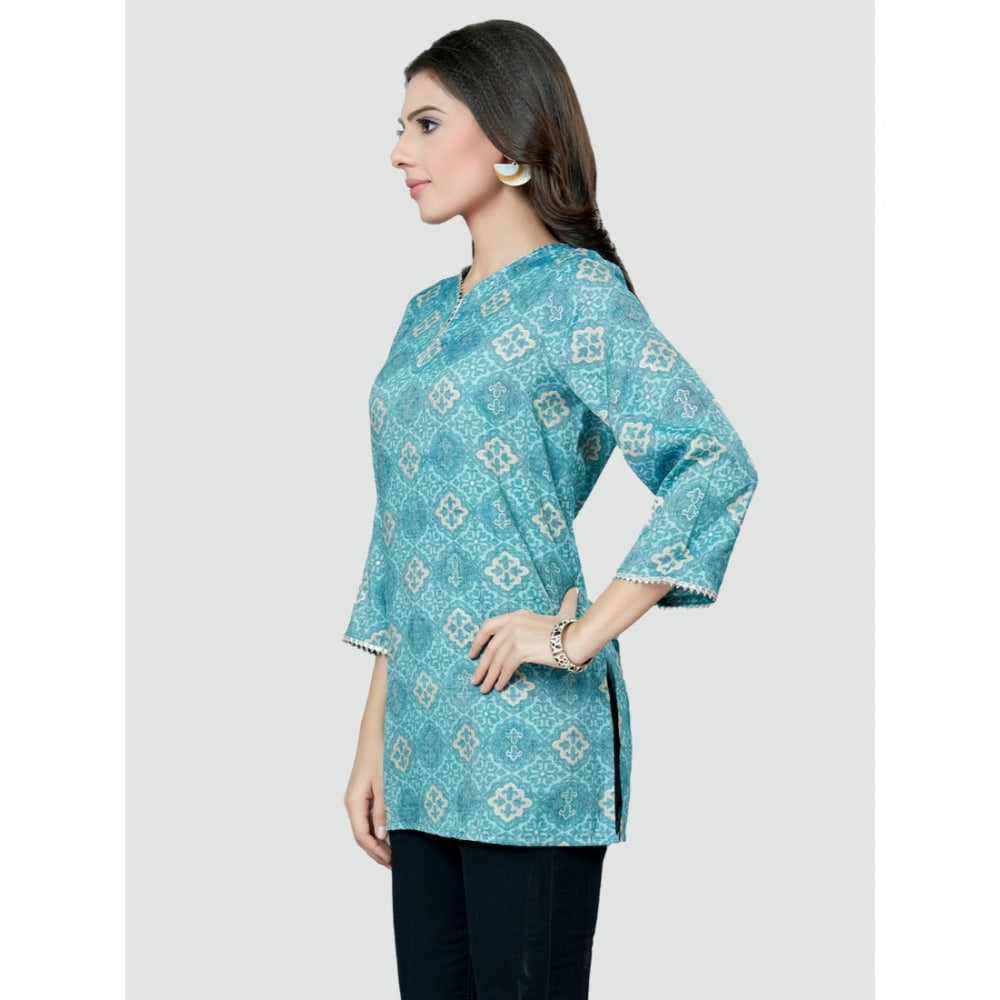 Women's Casual 3/4 Sleeves Printed Rayon Short Top (Blue)