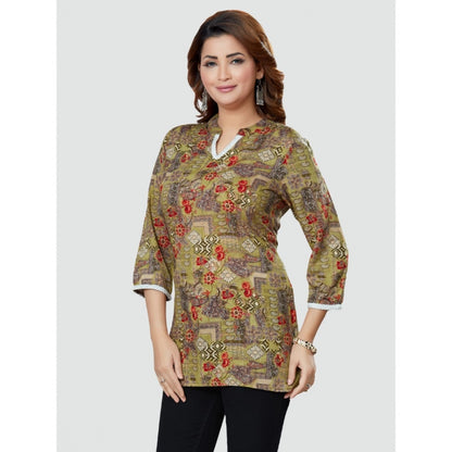 Women's Casual 3/4 Sleeves Printed Rayon Short Top (Beige)