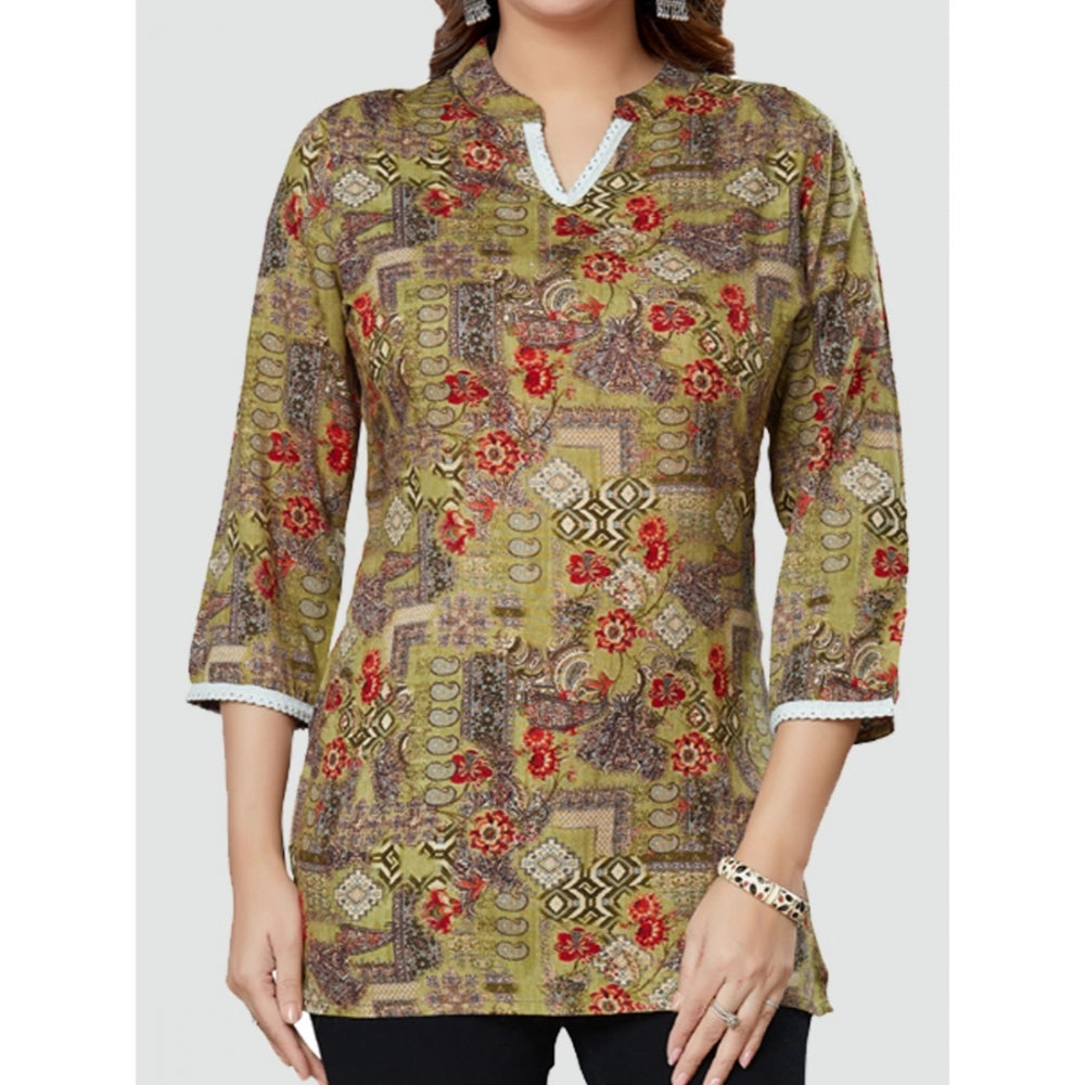 Women's Casual 3/4 Sleeves Printed Rayon Short Top (Beige)