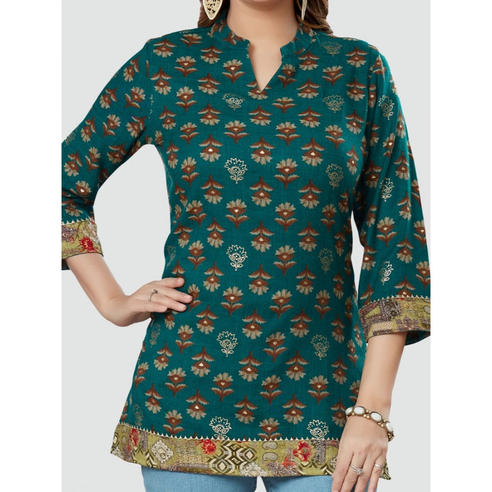 Women's Casual 3/4 Sleeves Printed Rayon Short Top (Green)