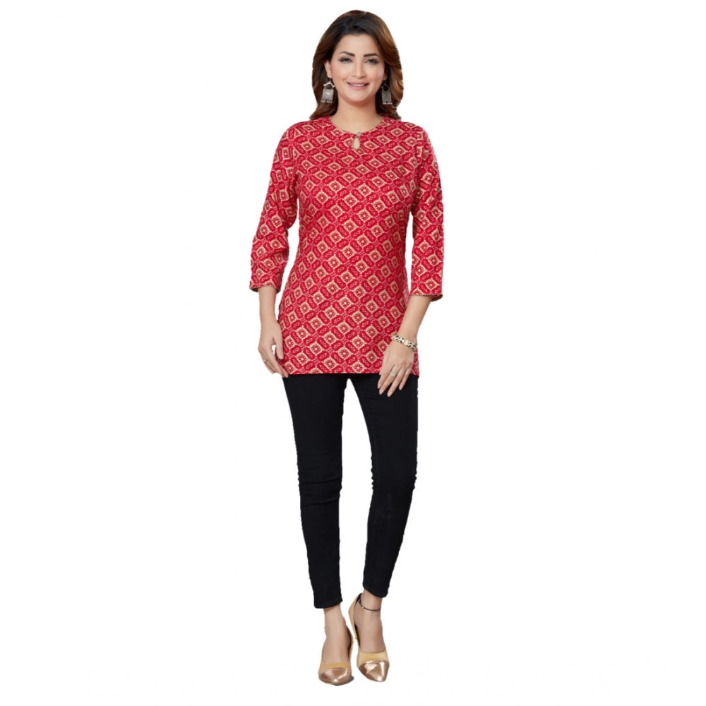 Women's Casual 3/4 Sleeves Printed Rayon Short Top (Red)