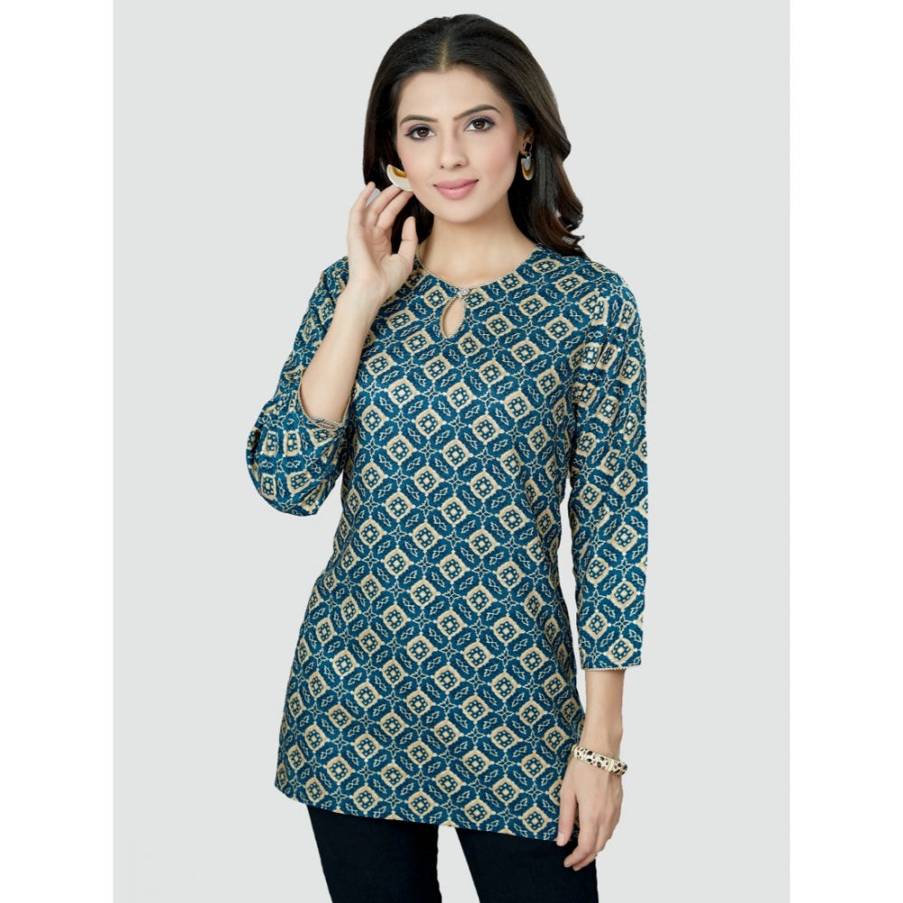 Women's Casual 3/4 Sleeves Printed Rayon Short Top (Blue)