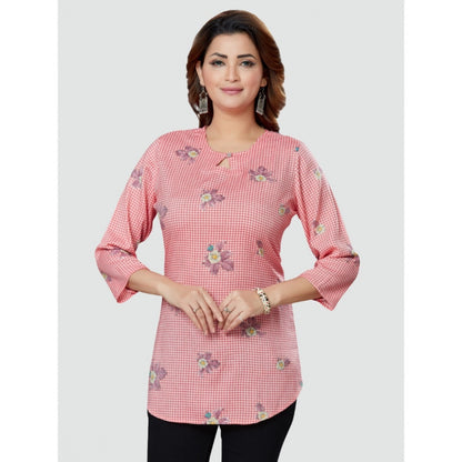 Women's Casual 3/4 Sleeves Printed Rayon Short Top (Pink)