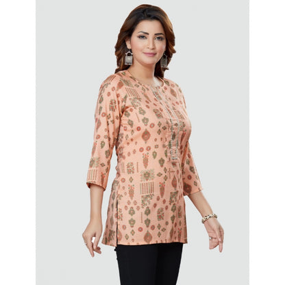 Women's Casual 3/4 Sleeves Printed Rayon Short Top (Peach)