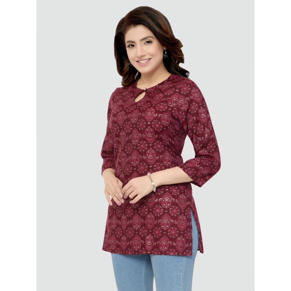 Women's Casual 3/4 Sleeves Printed Rayon Short Top (Maroon)