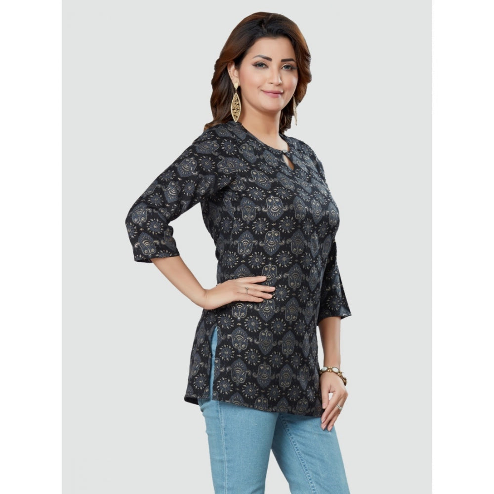 Women's Casual 3/4 Sleeves Printed Rayon Short Top (Black)