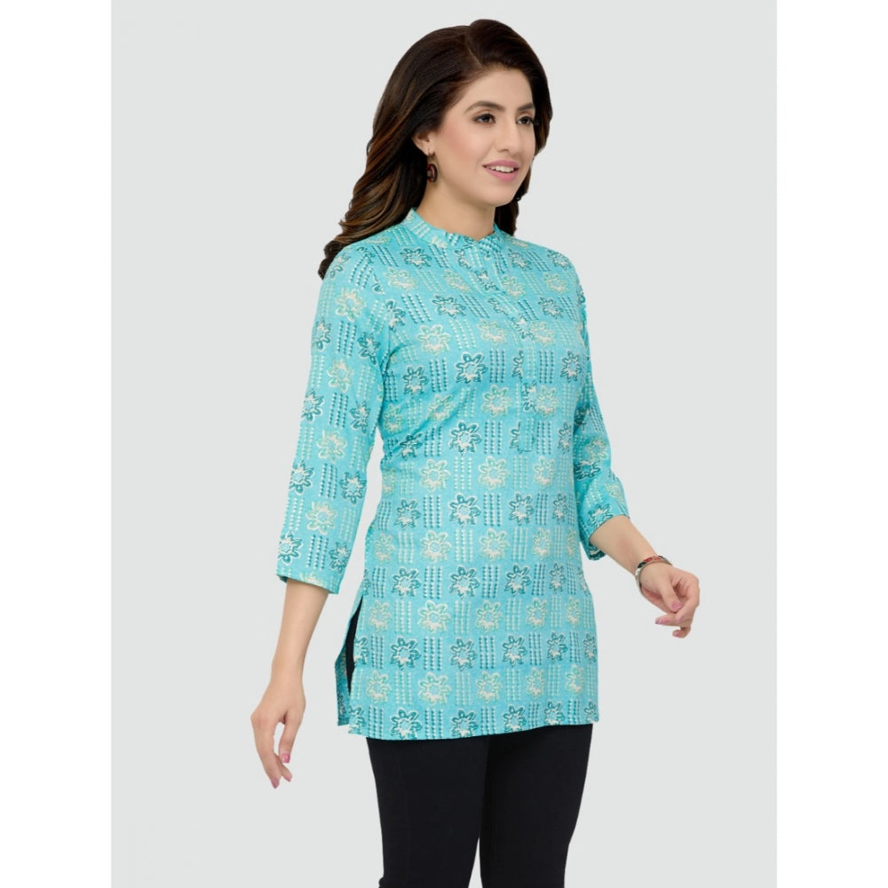 Women's Casual 3/4 Sleeves Printed Rayon Short Top (Sky Blue)