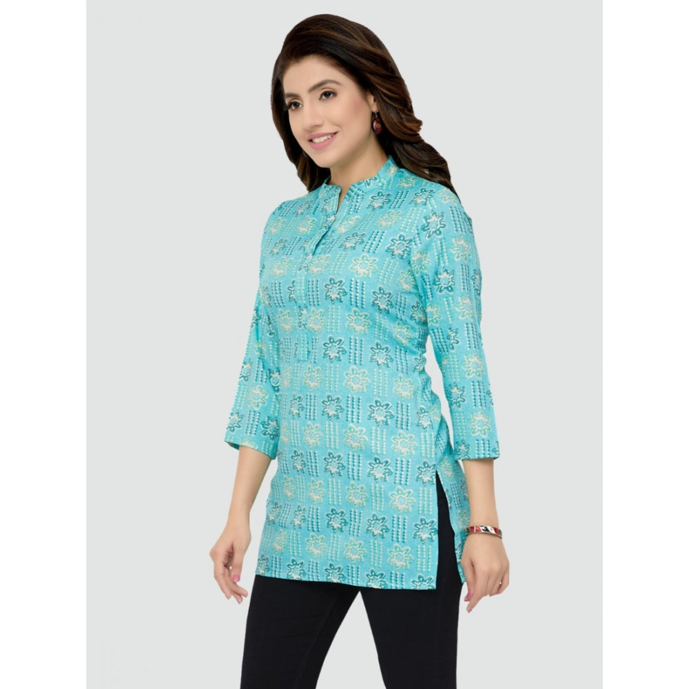 Women's Casual 3/4 Sleeves Printed Rayon Short Top (Sky Blue)