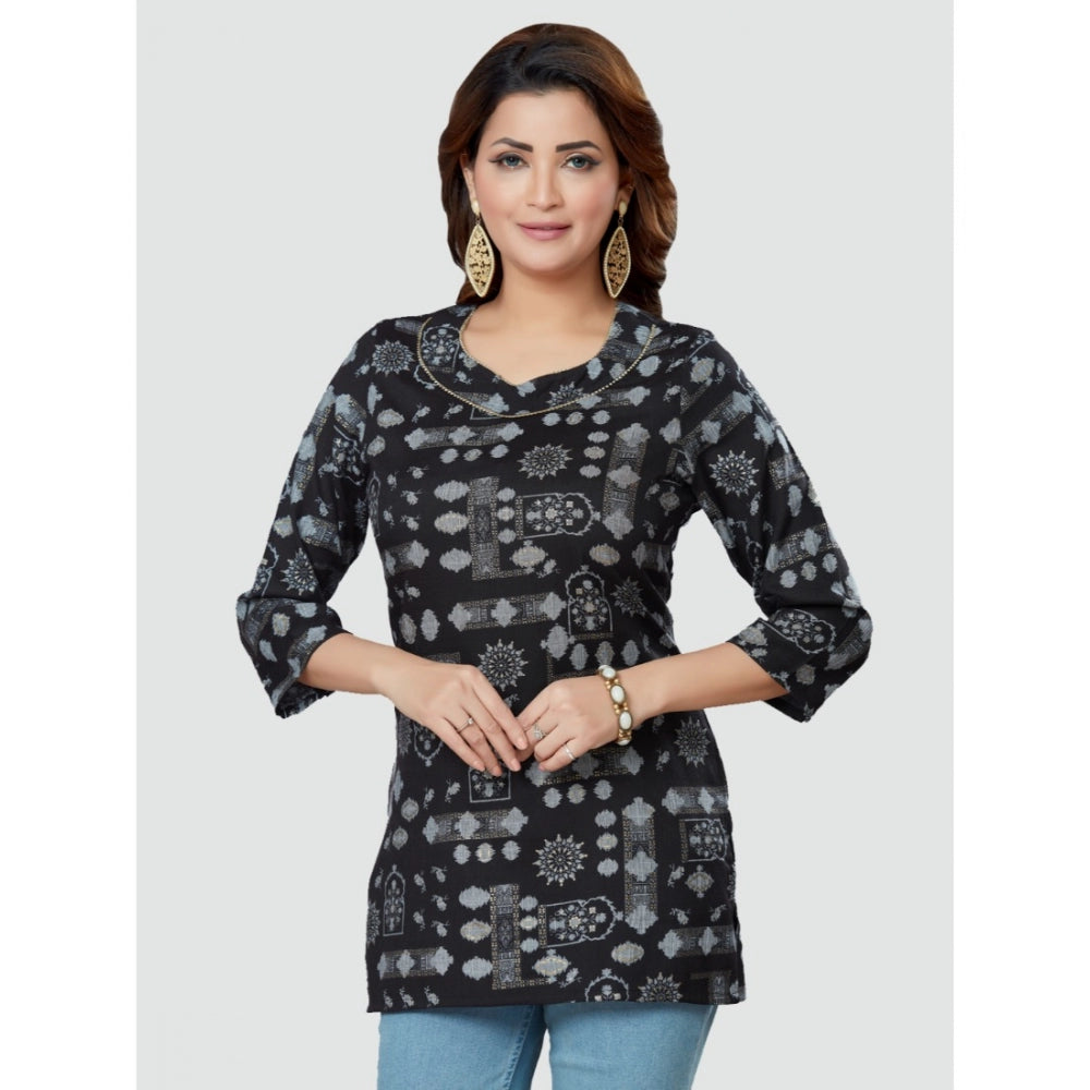 Women's Casual 3/4 Sleeves Printed Rayon Short Top (Black)