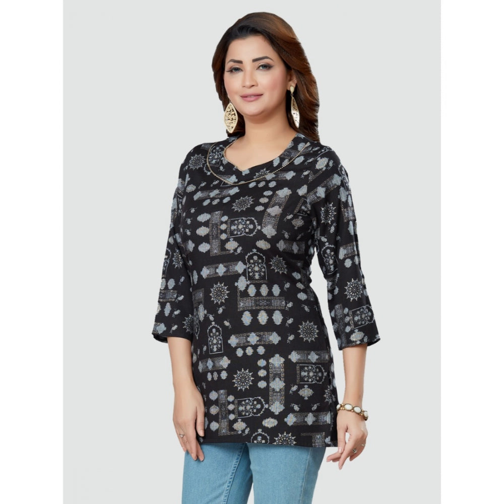 Women's Casual 3/4 Sleeves Printed Rayon Short Top (Black)