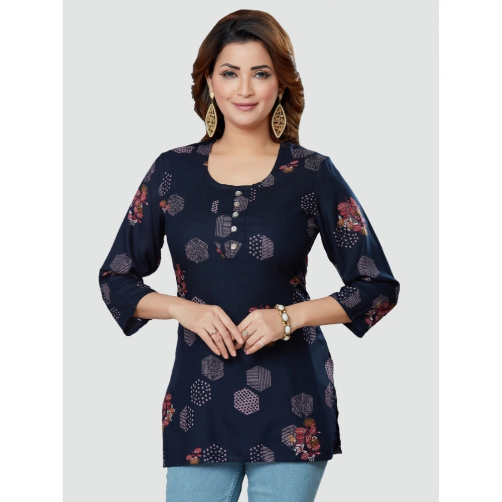 Women's Casual 3/4 Sleeves Printed Rayon Short Top (Navy Blue)