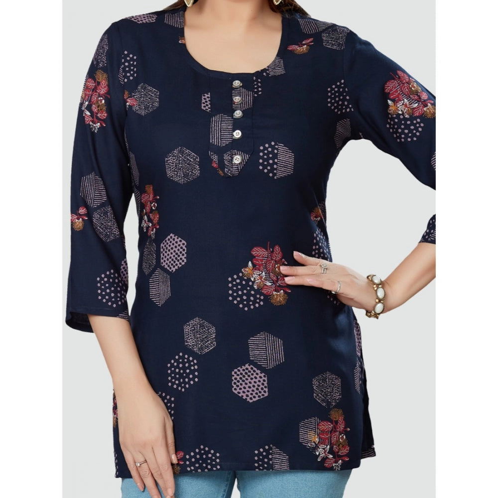 Women's Casual 3/4 Sleeves Printed Rayon Short Top (Navy Blue)