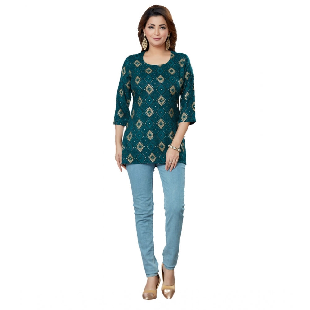 Women's Casual 3/4 Sleeves Printed Rayon Short Top (Green)