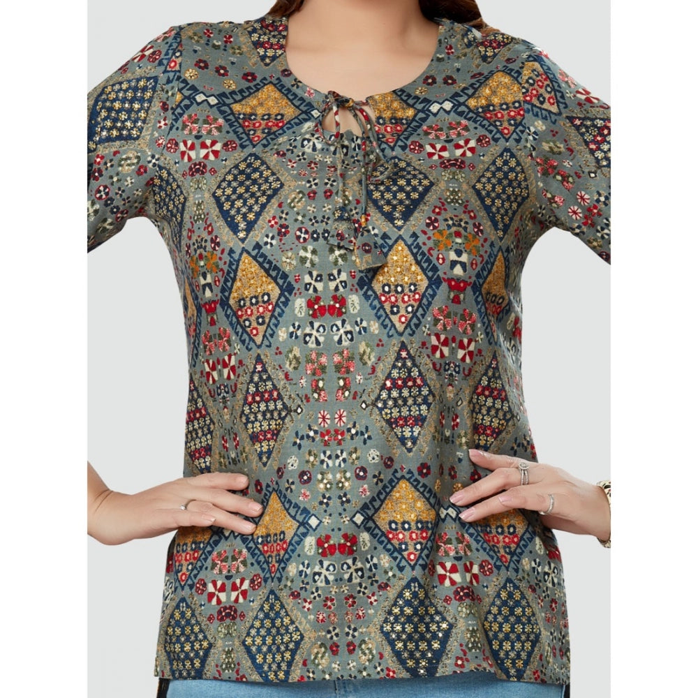 Women's Casual 3/4 Sleeves Printed Rayon Short Top (Multicolor)