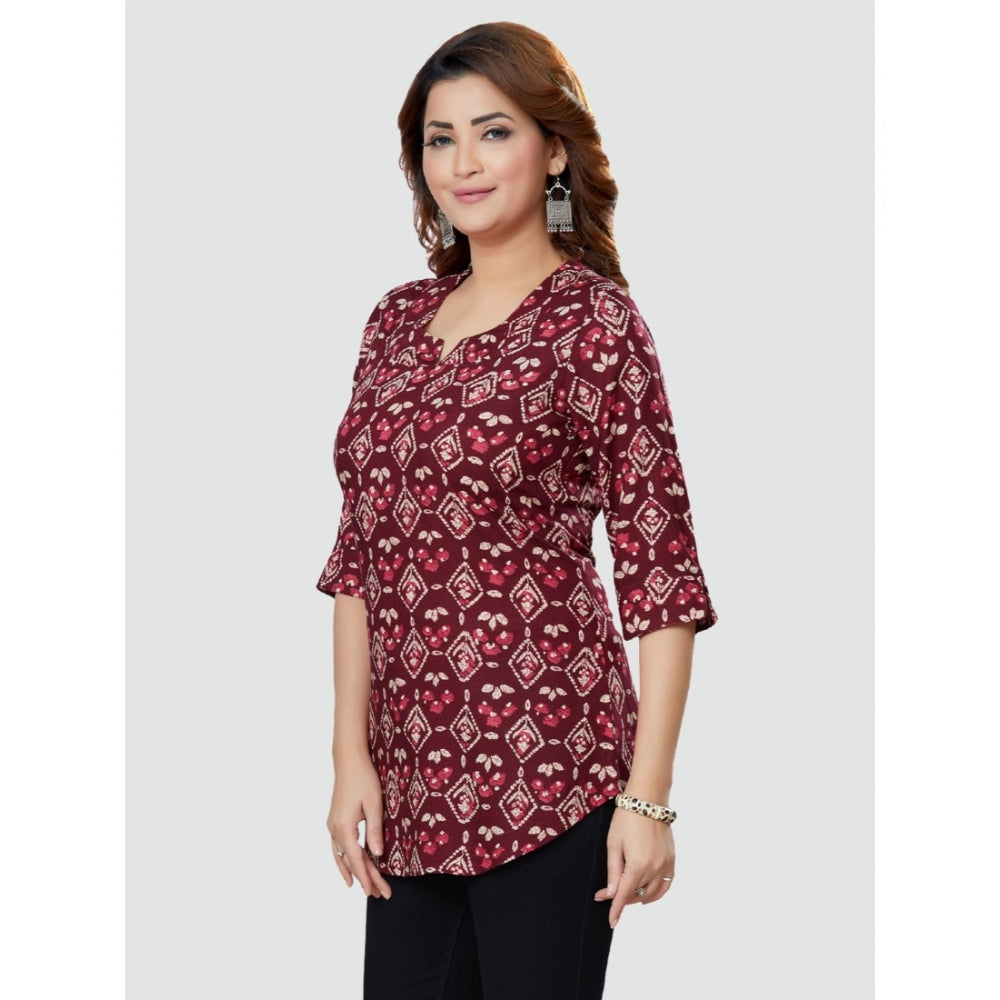 Women's Casual 3/4 Sleeves Printed Rayon Short Top (Wine)